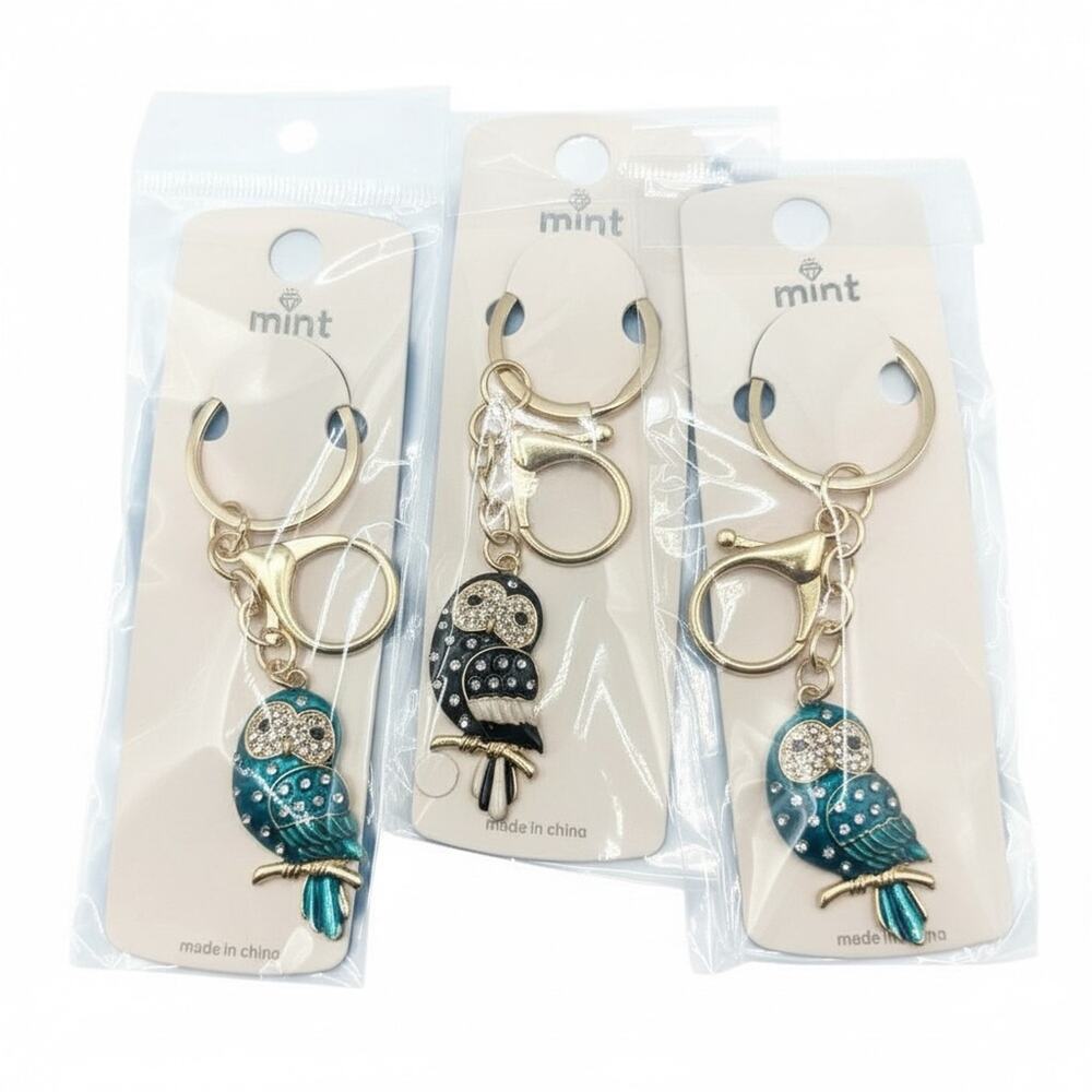 3 Owl Keychains in Teal &  Black with‎ Gold trim